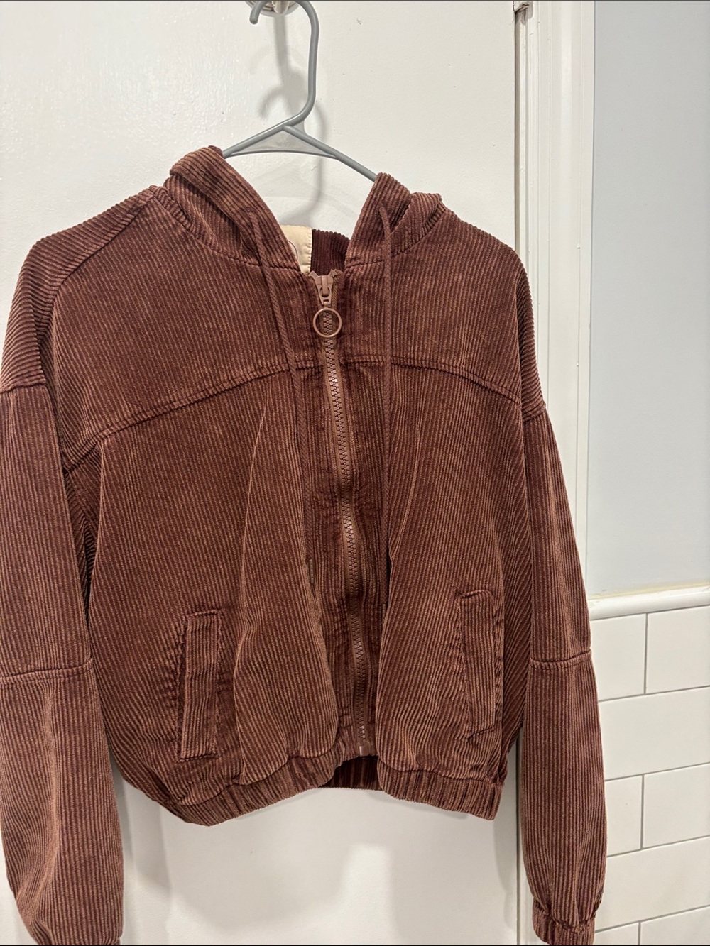 Stoosh Brown Corduroy Zip Hoodie with Ring Zipper